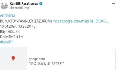 Erzurum’un Pasinler ilçesinde 3,0 büyüklüğünde deprem